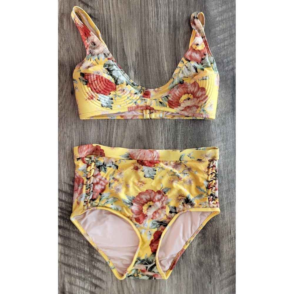 Chelsea & Violet Yellow Floral Braided High Waist 2 Piece Bikini Swimsuit Medium